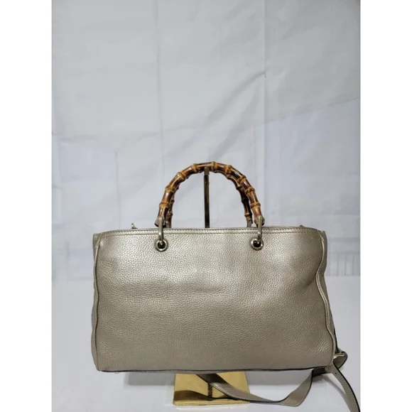 GUCCIMetallic Pebbled Calfskin Medium Bamboo Shopper Tote Golden Beige - Picture 8 of 14